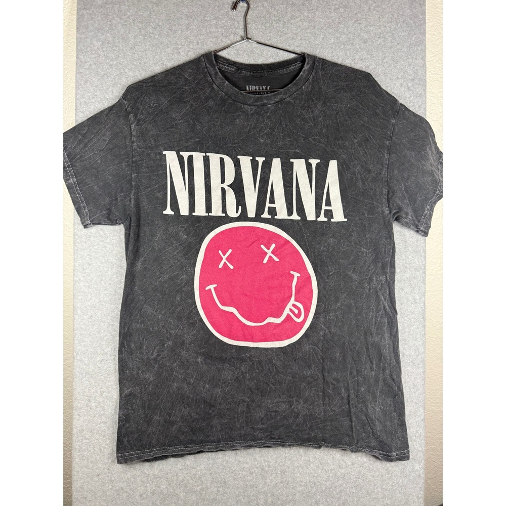 Nirvana Live 93 Tour Graphic T-Shirt Acid Wash Pink Smiley Face Black Mens Large